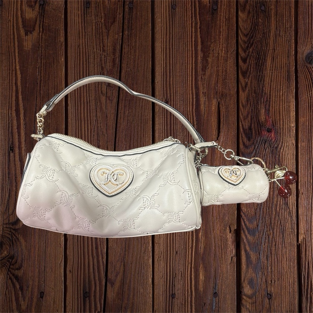 Juicy Couture White Embossed Heart Logo Purse with JC Coin Purse & Cherry Charm